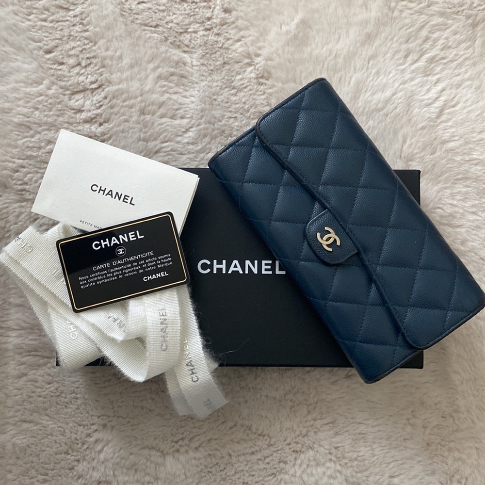 ❤️SOLD❤️ Authentic Chanel Long Classic Flap Wallet in Dark Blue Caviar Leather